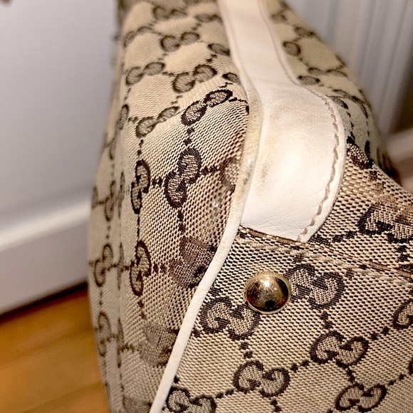 ✨ GUCCI ✨ Authentic GG Canvas White Leather Flower Handbag Satchel Tote - Picture 11 of 16